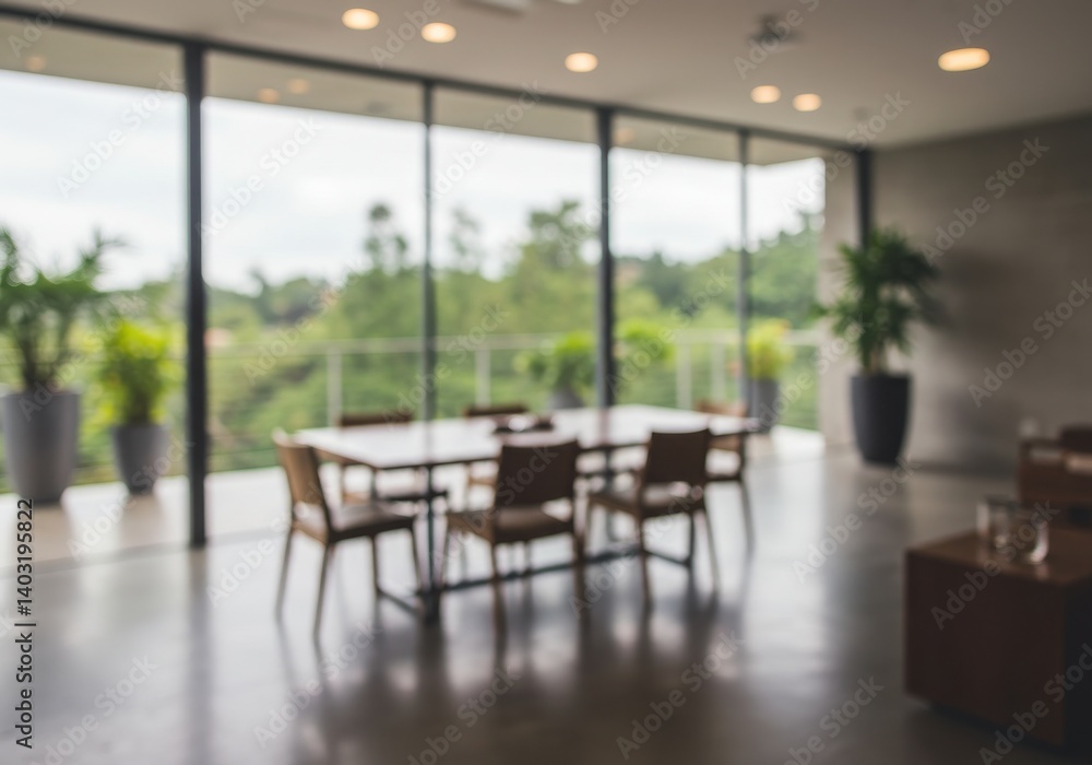 Poster blurred view of a conference room with large windows and a table with chairs inside a building