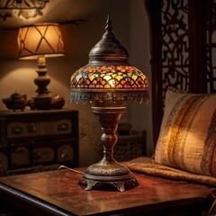 Ornate Brass Table Lamp with Stained Glass Shade