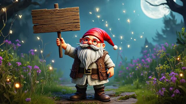 Cute whimsical gnome figure stands in garden holding up a blank wooden sign at night with moon and firefly lights