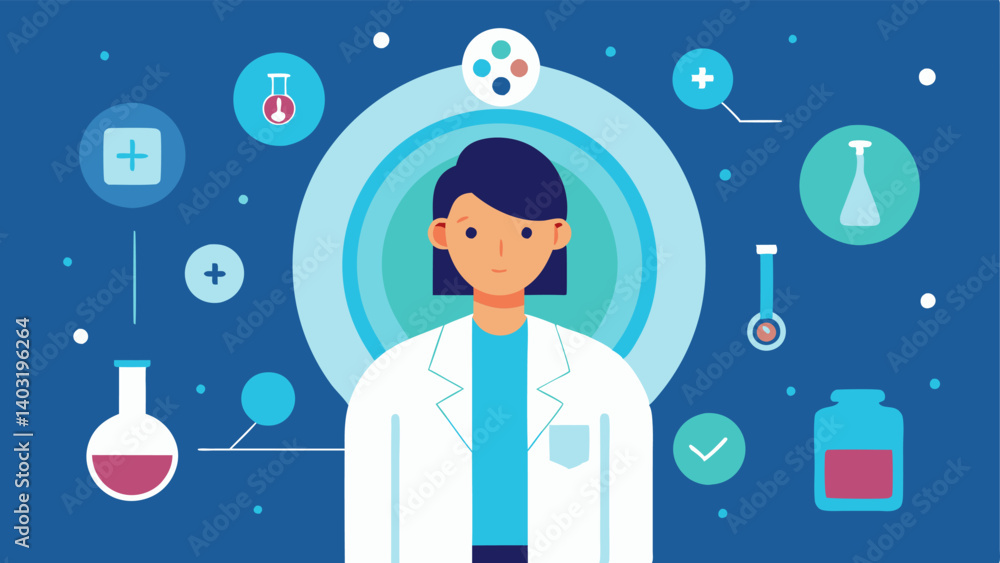 Poster researcher at work a scientist in a lab coat focused on a holographic interface that projects health