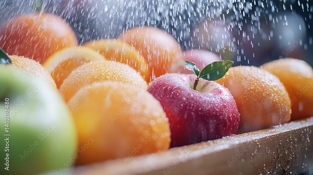 Poster An Array of Apples and Oranges Sparkling with Water in a Wooden Tray : Generative AI