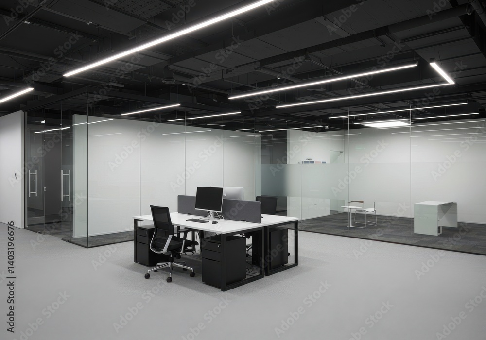 Poster modern office space with desks computers and glass partitions under bright ceiling lights design vie