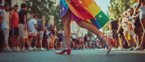Naklejka premium Glittering boots and a rainbow flag in a lively parade march celebrate diversity and expression amidst an energetic crowd.