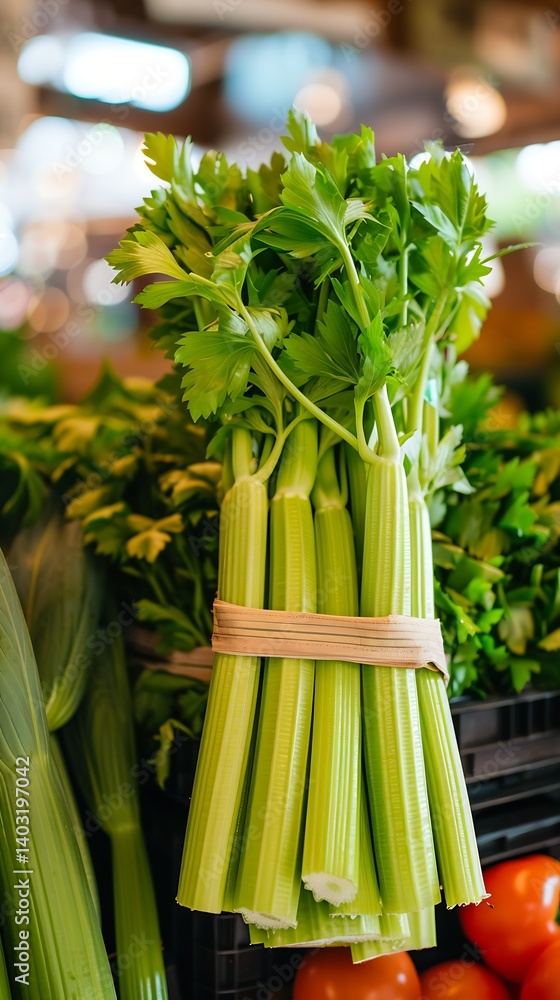 Poster a bundle of green celery with fresh leaves arranged beautifully in a local grocery store : generativ