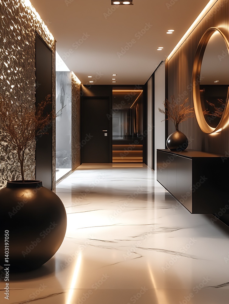 Poster stylish corridor showcasing rich textures and harmonious decor in a contemporary setting : generativ