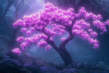 Naklejka na ściany i meble An orchid tree in a surreal, misty forest, the flowers appearing to emit a soft, purple light.