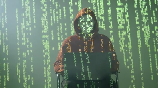 Zamaskowany haker w czerwonej bluzie z kapturem pracujący na laptopie z zielonym kodem matrix &ndash; cyberatak, cyberprzestępczość, bezpieczeństwo sieciowe i ciemna strona internetu