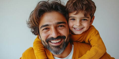 Happy American Father Carrying Son at His Back on Father’s Day Celebration Photo.Fictional Character Created By Generative AI