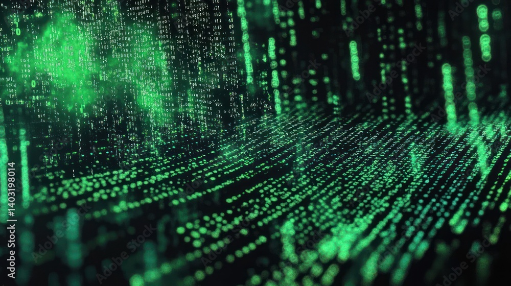 Poster digital matrix flowing with green data patterns