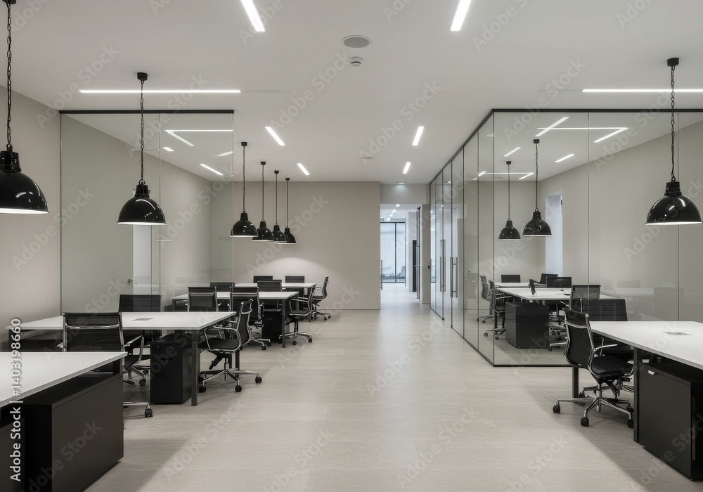 Poster a view of an empty office space with desks chairs and pendant lights in a modern design style