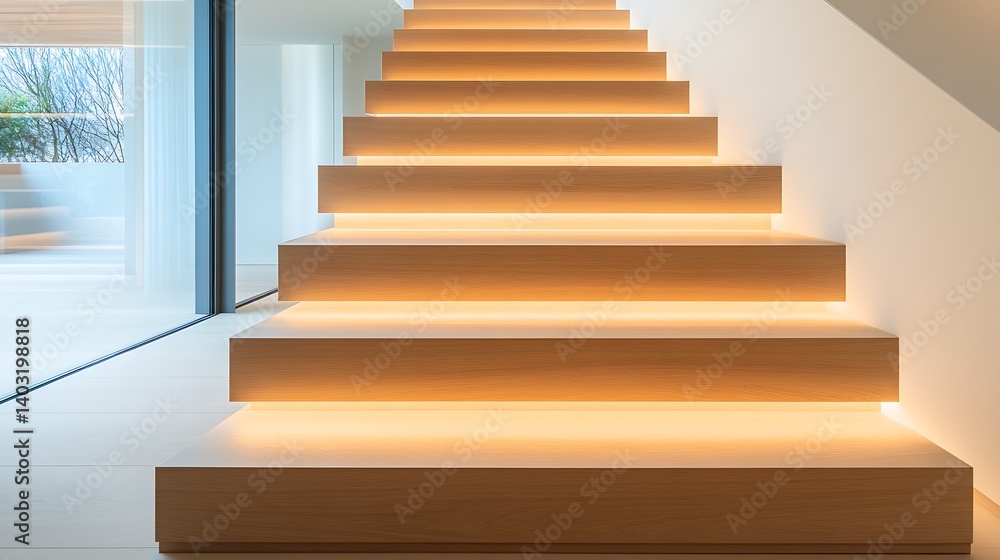 Leinwandbilder modern staircase with illuminated wooden steps creating a stylish and inviting atmosphere in a conte