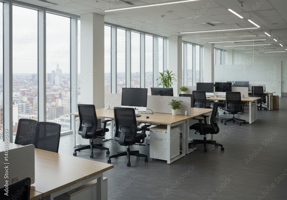 Poster view of an open office space with desks chairs computers and large windows overlooking the city skyl