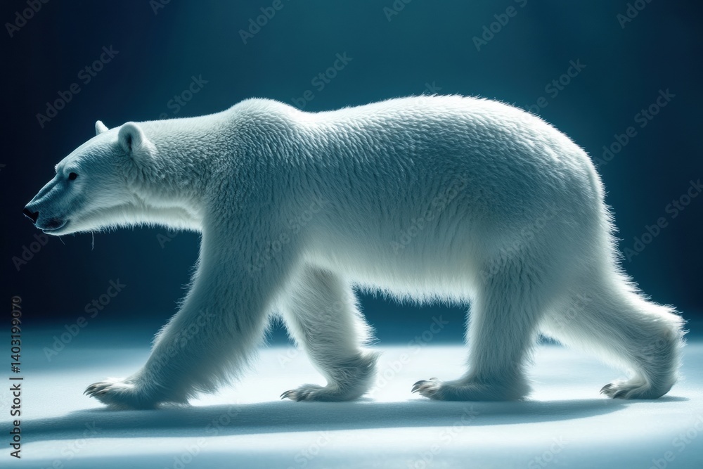 Poster polar bear walking slowly in profile view with smooth fur illuminated by cold light in a snowy envir