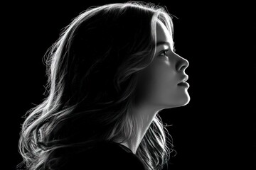 Woman profile, looking up with black background for beauty, portrait, model use