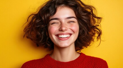 Smiling woman with curly hair against a bright yellow background.  A joyful expression