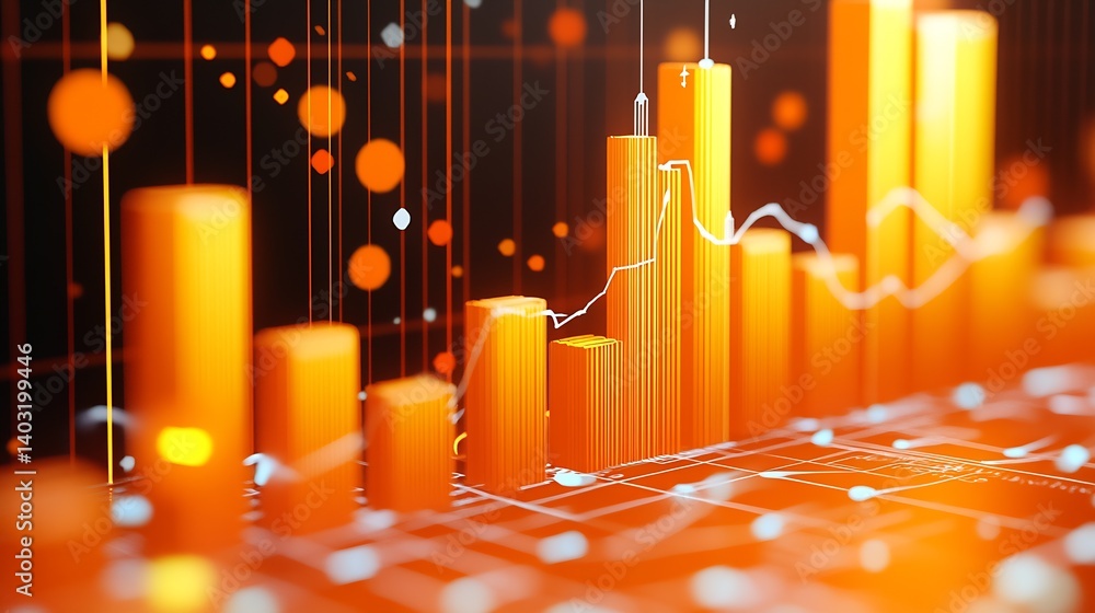 Poster Dynamic financial bar graph with overlays showing market trends and performance metrics in a rich color spectrum : Generative AI