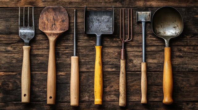 Rustic wooden handled cooking and gardening tools on dark wood.