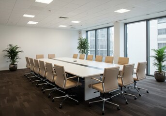 A modern conference room with a long table surrounded by chairs and plants near large windows