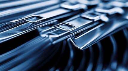 Clean steel cookware, close-up, kitchen, stacked, reflection, advertising
