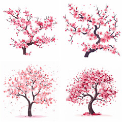 Fototapeta premium Four vibrant cherry blossom trees against a white background.