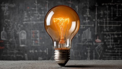 Glowing light bulb over math equations on blackboard, showing new ideas concept