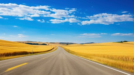 Fototapeta premium Open Road Through Golden Wheat Fields Under a Blue Sky