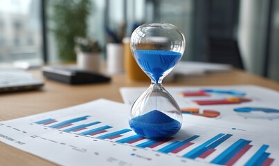 Hourglass runs on chart table;  time running out, work time, finance, growth