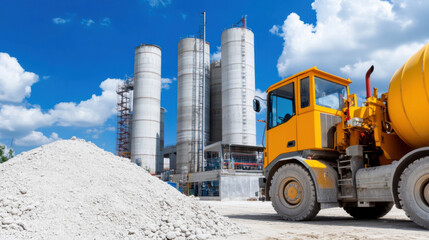 large industrial concrete plant with towering silos and heavy machinery, including bright yellow cement mixer, under blue sky with clouds