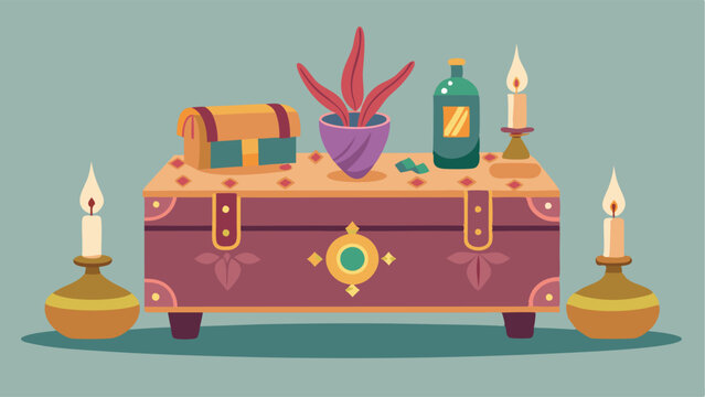 A vintage trunk repurposed as a coffee table adorned with bohemianstyle trinkets and a tray of candles.