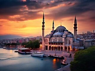 Naklejka premium Mosque at Sunset Overlooking Water