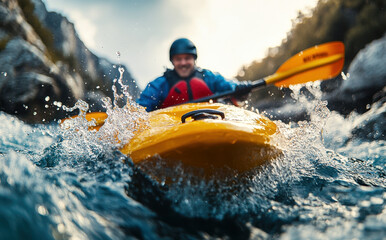 Fototapeta premium Whirling waves and vibrant splashes as a kayaker conquers mountain rapids on a sunny day