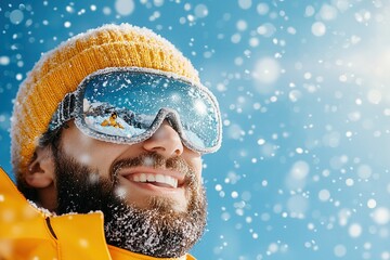 A smiling man in winter gear enjoys snowflakes falling around him, exuding warmth and joy against a bright blue sky.