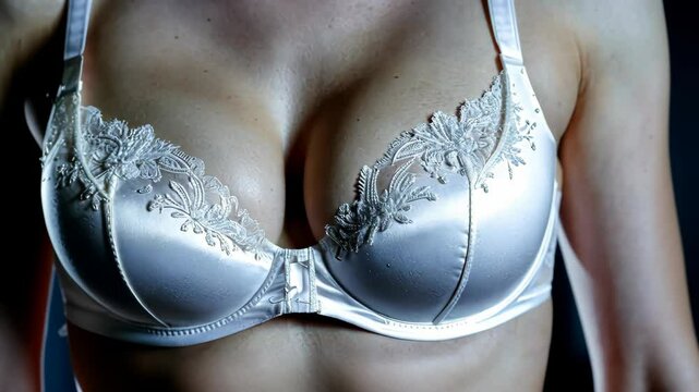 4k frame white bra on woman close up with big breasts.