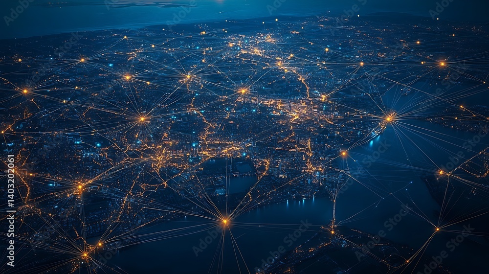 Poster stunning aerial view of a city at night with illuminated streets and connectivity networks : generat