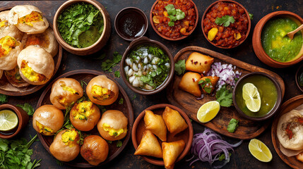 Flatlay of a colorful Indian street food spread including pani puri, pav bhaji, and samosas.
