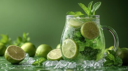 Refreshing Mint Lemonade Pitcher with Limes and Ice