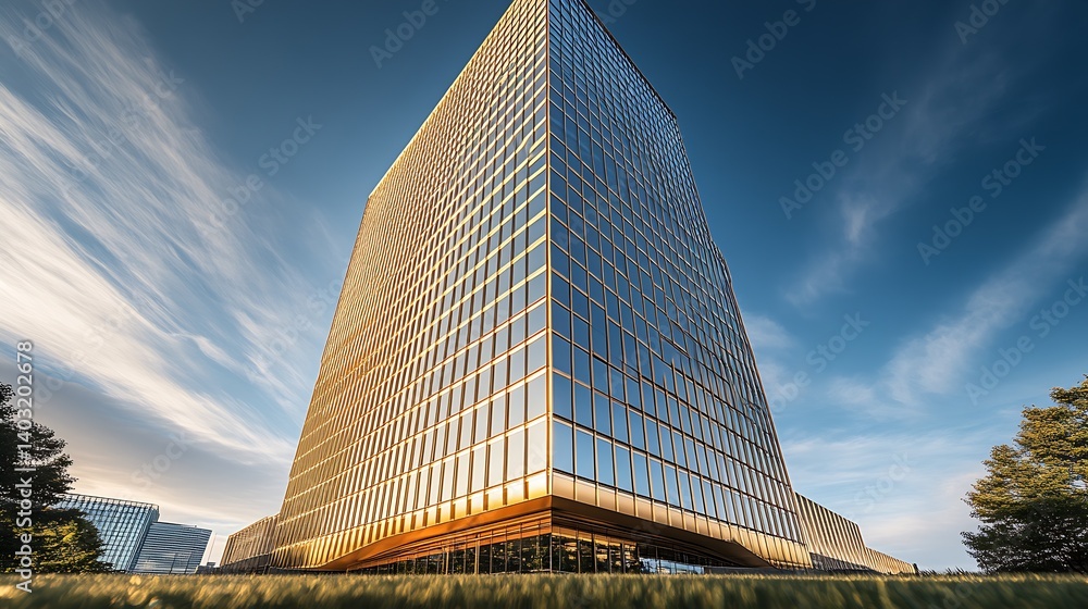 Fototapete unique angular glass building beautifully designed to reflect sunlight in a vibrant urban setting : 
