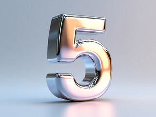 The image shows a metallic number 5 standing upright on a reflective surface. The number has a glossy finish, giving it a shiny appearance.