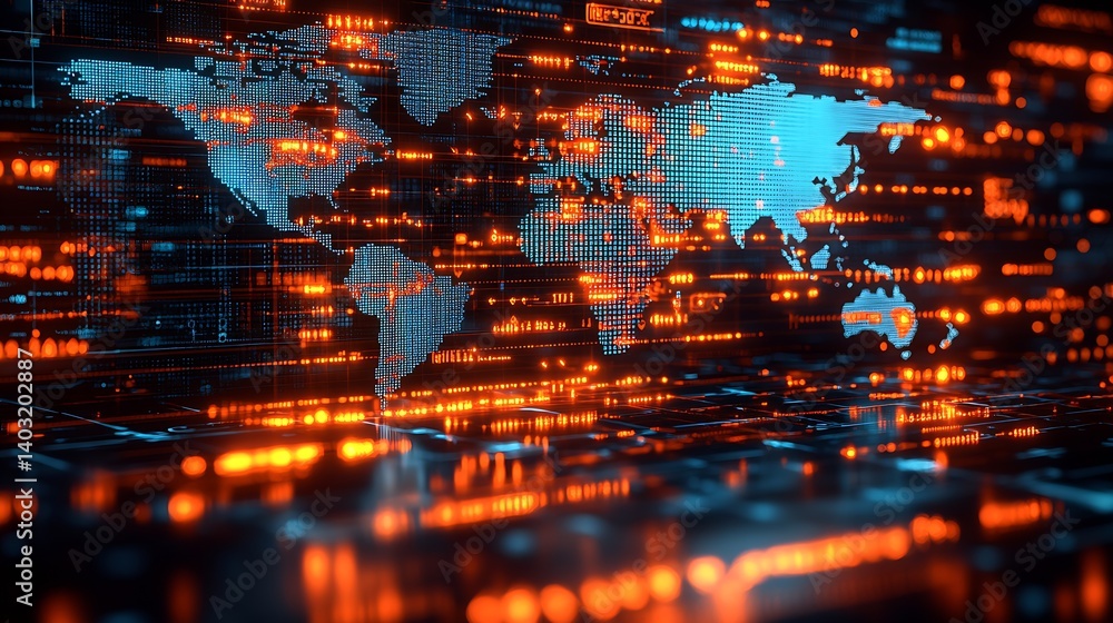 Poster Illuminated digital map with glowing blue and orange accents depicting global connections and data flow : Generative AI