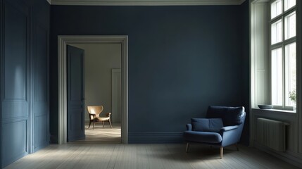 Blue room, armchair, sunlight, open door, adjacent room, interior design, home staging, architectural visualization