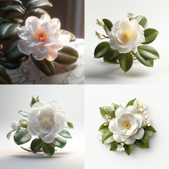 A collection of delicate white and light peach camellia flowers in various arrangements.