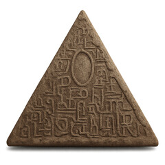 A triangular object with a lot of writing on it. The writing is in a foreign language and he is a code or a message. The object is brown and has a rough texture
