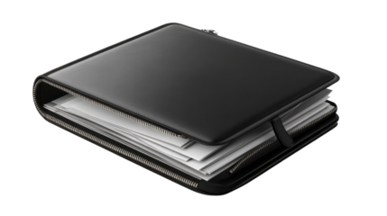 Executive Portfolio: A close-up shot of a sleek, leather portfolio, exuding professionalism and sophistication. It hints at organization, important documents, and executive-level work.