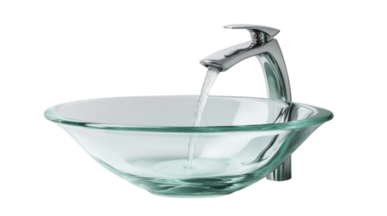 Glass Vessel Sink with Chrome Faucet: A minimalist yet elegant bathroom design concept features a sleek chrome faucet flowing water into a modern glass vessel sink.