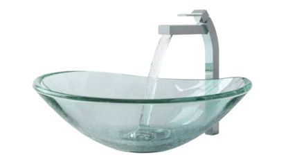 Elegant Bathroom Fixture: A modern, minimalist glass sink with a chrome faucet, water cascading, offering a tranquil and functional design for contemporary bathrooms. 