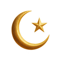 A gold star is on top of a gold crescent moon. The star is shining brightly and the moon is curved