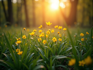 Fleurs jaunes écloses dans une clairière en forêt au lever du soleil