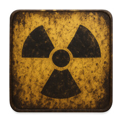A sign with a radioactive symbol on it. The sign is old and worn, with a yellow and black color scheme. The sign is meant to warn people of the dangers of radiation