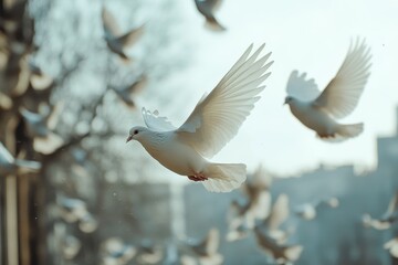 White Doves Soaring Through the Air in a Peaceful Sky