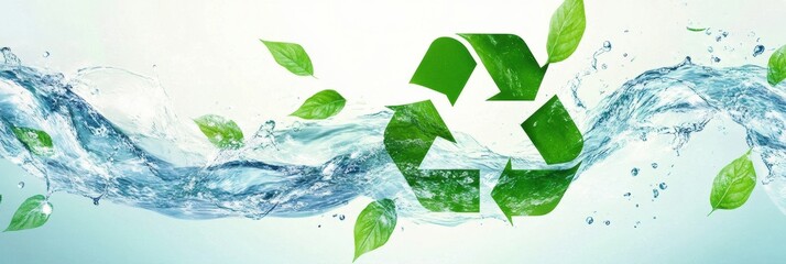 Recycling symbol integrated with flowing water and green leaves in soft, clean tones promoting environmental awareness and sustainability